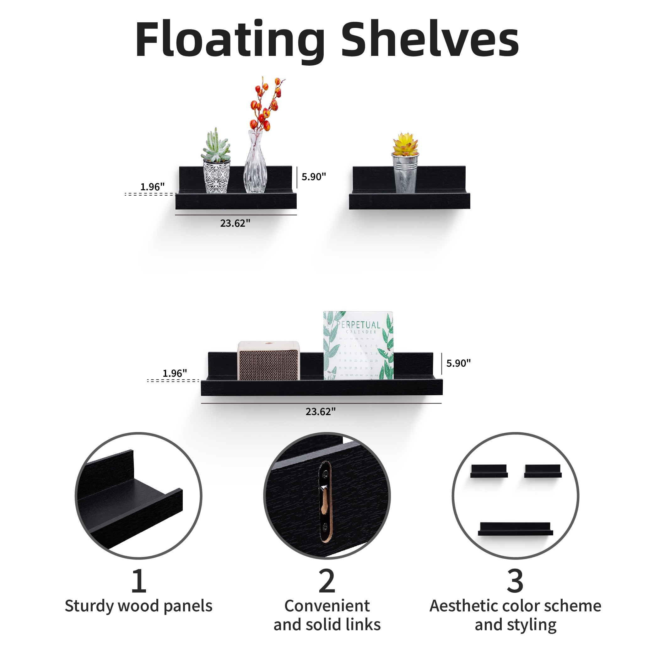 Floating Shelves 23.62" Wall Mounted Wood Shelves For Bathroom, Bedroom, Living Room, Kitchen, Hanging Shelf For Books/Storage/Decor With Invisible Brackets, Black_voghion.com